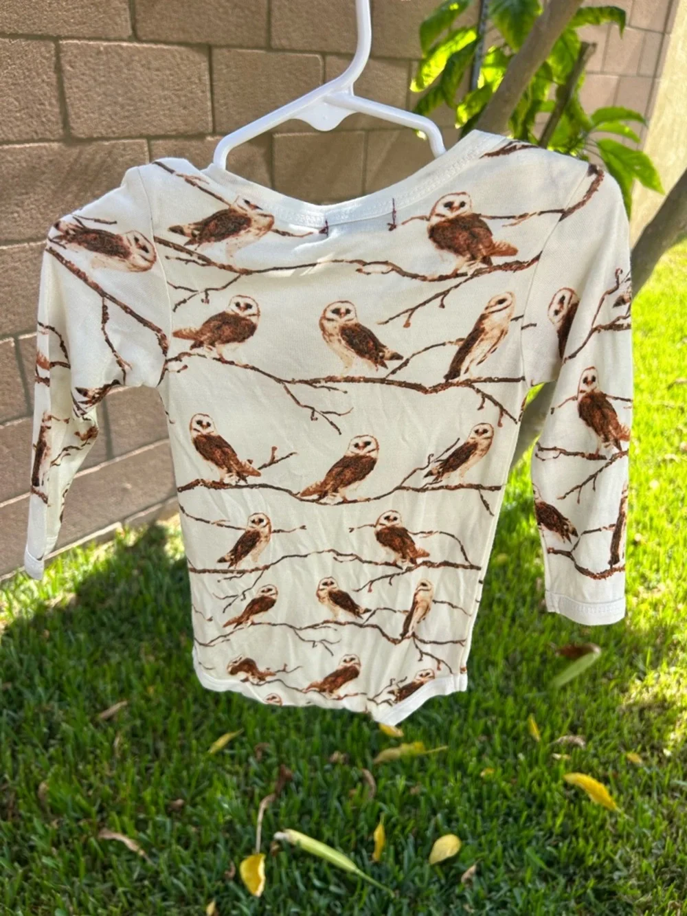 Milkbarn Cream and Brown Owl Print Long-Sleeve One-Piece